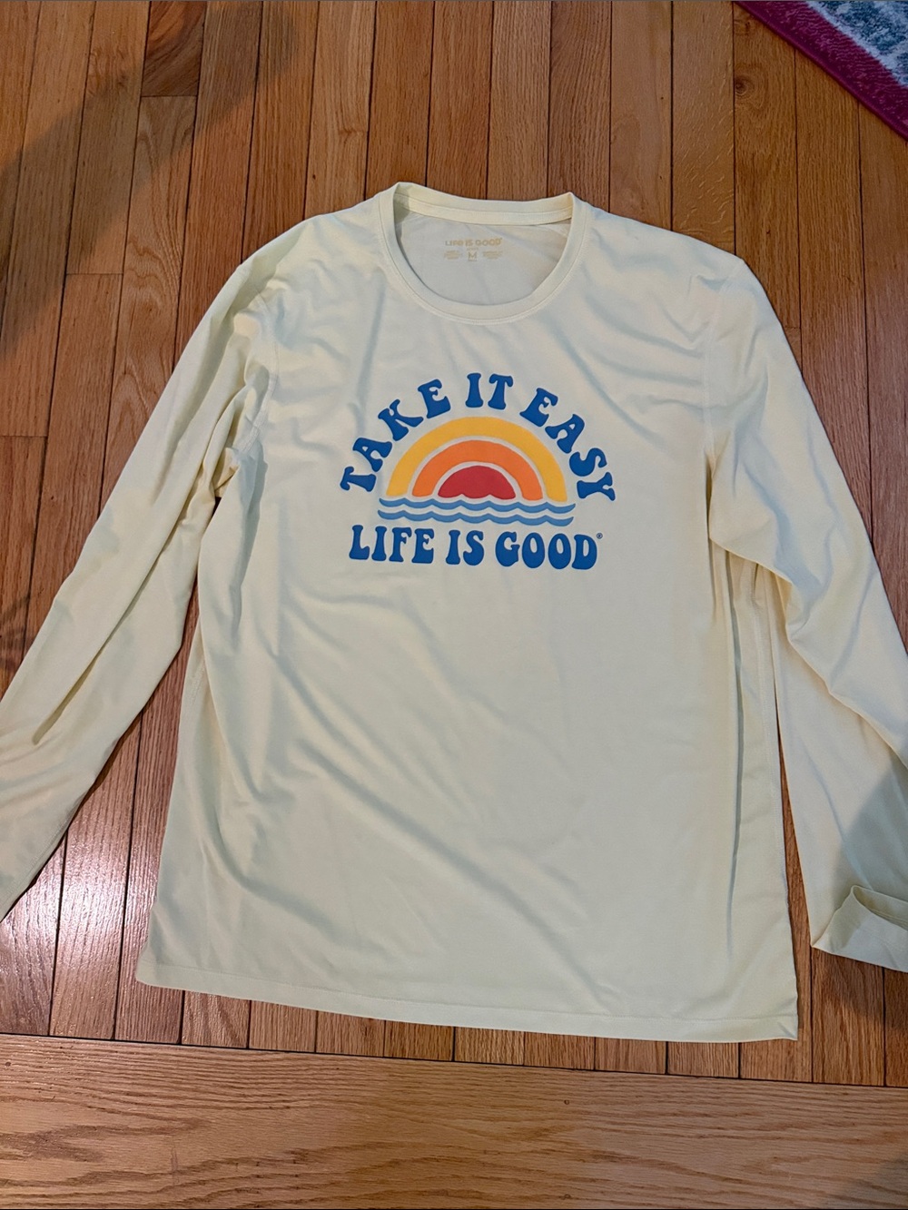 Life Is Good Pale Yellow Long Sleeve Tee with Retro Sunset Graphic